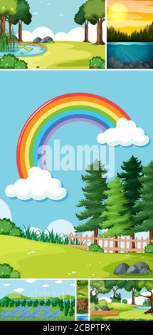 Six different scenes in nature setting cartoon style illustration Stock Vector
