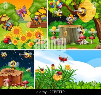 Set of different insects living in the garden background illustration Stock Vector