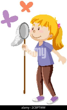 A girl holding insect catching in standing posing with some butterfies cartoon isolated illustration Stock Vector