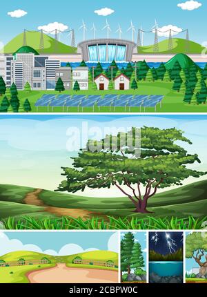 Six different scenes in nature setting cartoon style illustration Stock Vector