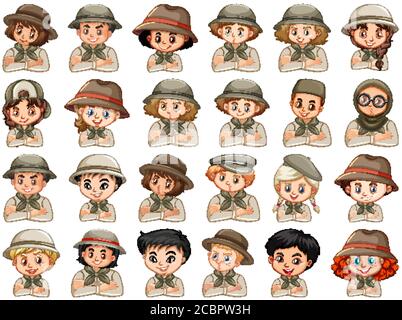 Set of different characters of boys and girls scout costume on a white ...
