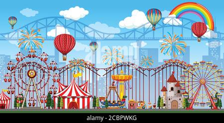 Amusement park scene at daytime with rainbow in the sky illustration ...