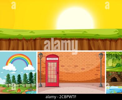 Four different scenes in nature setting cartoon style illustration Stock Vector