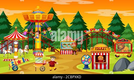 Amusement park scene at daytime with yellow sky illustration Stock ...