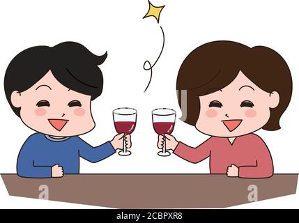 Man and woman toasting glasses of red wine. Isolated on white background. Stock Vector