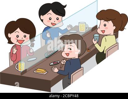 People eating out with friends and avoid coronavirus spread by social distancing in table that has clear partition. Isolated on white background. Stock Vector