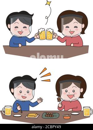 Man and woman wearing face shields at a restaurant. Isolated on white background. Stock Vector