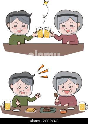 Elderly man and woman wearing face shields at a restaurant. Isolated on white background. Stock Vector