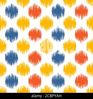 Seamless geometric pattern, based on ikat fabric style. Vector illustration. Carpet rug texture vector imitation. Colorful spots pattern. Stock Vector