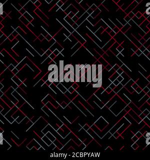 Geometric random lines pattern. Abstract technology dark background with red and grey geometric shapes tessellation on black. Linear abstract lattice, Stock Vector