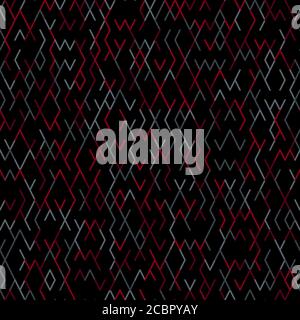 Geometric random lines pattern. Abstract technology dark background with red and grey geometric shapes tessellation on black. Linear abstract lattice, Stock Vector
