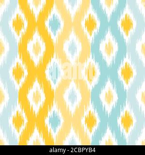 Seamless geometric pattern, based on ikat fabric style. Vector illustration. Carpet rug texture vector imitation. Yellow and turquoise mint ogee patte Stock Vector