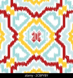Seamless geometric pattern, based on ikat fabric style. Vector illustration. Carpet rug texture vector imitation. Colorful rug pattern in yellow, red, Stock Vector