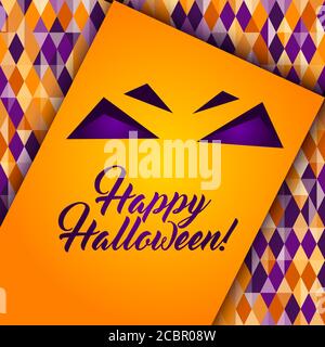 Happy Halloween greeting card, Abstract geometric pattern, diamond shapes. Traditional colors for Halloween background, yellow, orange, purple. Hallow Stock Vector
