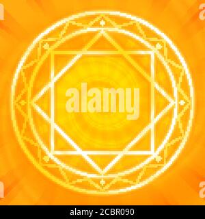 Glowing magic circle. Sacred geometry, vector illustration. Glowing neon lines. Abstract geometric background. Strange magic mandala. Stock Vector