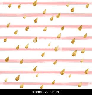 Gold glittering drops, hand-drawn with golden paint. Seamless vector pattern on striped background. Shiny holidays background. Golden glitter pattern. Stock Vector