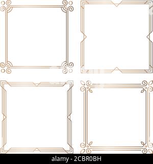 Set of 4 geometric square frames in Art Deco style. Vector illustration, design elements. Four golden frames isolated on white background, Stock Vector