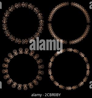 Set of 4 geometric round floral frames in Art Deco style. Vector illustration, design elements. Four golden frames isolated on black background, Stock Vector