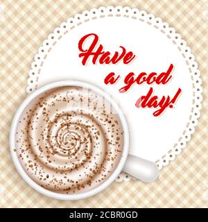 Top view of white coffee cup on gingham patterned cloth and round napkin. Cappuccino full cup, hot chocolate, coffee and cream, high milk foam. Coffee Stock Vector