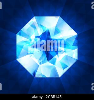 Realistic diamond in top view on shiny dark background. Vector illustration. Crystal texture. Blue gem stone. Stock Vector