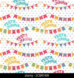 Festa Junina illustration - traditional Brazil june festival party - Midsummer holiday. Vector illustration. Seamless pattern with bunting flags and w Stock Vector