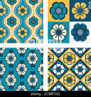 Set of four geometrical pattern with abstract flowers, seamless vector backgrounds. For fashion textile, cloth, backgrounds. Retro colors - yellow, te Stock Vector