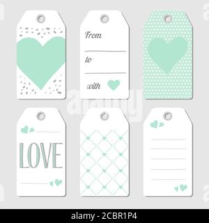 Gift  tags with hearts and love. Vector illustration. Mint green and gray colors. Stock Vector