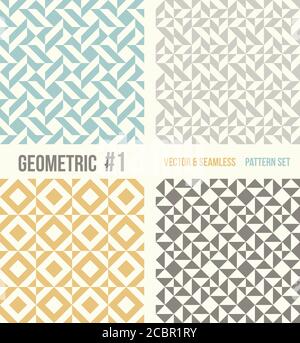 Set of four geometric patterns. Collection of different abstract patterns, number 1. Teal, yellow and grey, dark gray backgrounds. Simple colors - eas Stock Vector