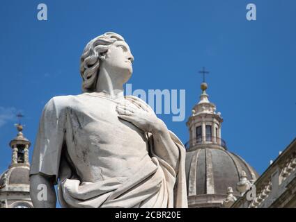 CATANIA, ITALY - APRIL 8, 2018: The statue of St. Sextus (Sixtus) in front of Basilica di Sant'Agata. Stock Photo