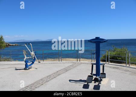 Sports equipment, view on the mediterranean sea, Anse du petit nid Sausset-les-Pins, France Stock Photo