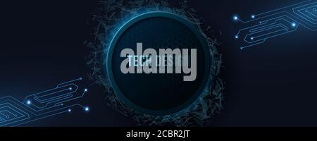 Futuristic hi-tech banner with computer circuit. Design modern technology. Glowing blue neon honeycombs. Flying geometrical plexus particles. Vector i Stock Vector