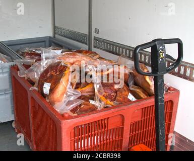 Aldudes, France 23. June 2017.  Basque breed of pig in a farm of Basque country.  A consignment of ham leaves to the city of Bayonne. Stock Photo