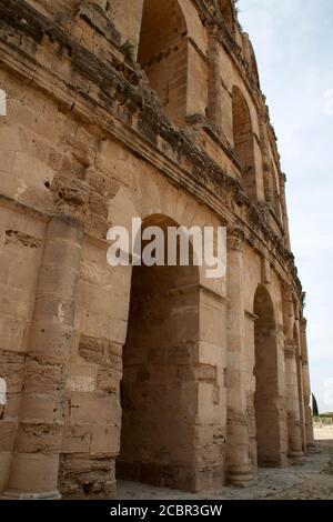 El Djem Tunisia, view along the curved exterior of a roman amphitheatre Stock Photo