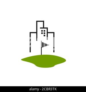 city golf logo design vector. golf field with flag and skyline background template illustrations Stock Vector