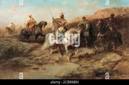 Schreyer Adolf - Arab Horsemen by an Oasis - German School - 19th and Early 20th Century Stock Photo