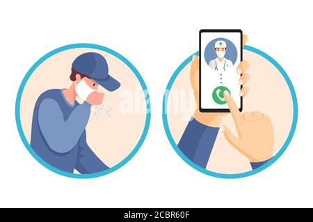 If you have fever symptoms then call doctor immediately vector flat banner design. Young man in medical face masks have cough and fever. Coronavirus protective measure, quarantine recommendation. Stock Vector