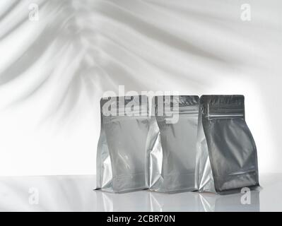 silver blank product mockup standing pouch Stock Photo