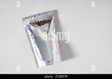 silver blank product mockup standing pouch Stock Photo