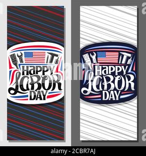 Vector layouts for American Labor Day with copy space, brochure with illustration of different work equipment, american flag and unique lettering for Stock Vector