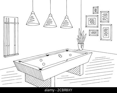 Billiard room graphic black white interior sketch illustration vector Stock Vector