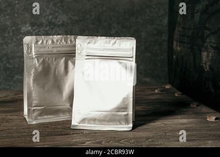silver blank product mockup standing pouch Stock Photo