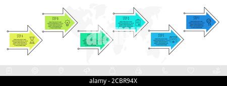 Vector infographics arrows with six steps, icons. Can be used for diagram, business, workflow layout, presentations, flowchart, info graph, timeline Stock Vector