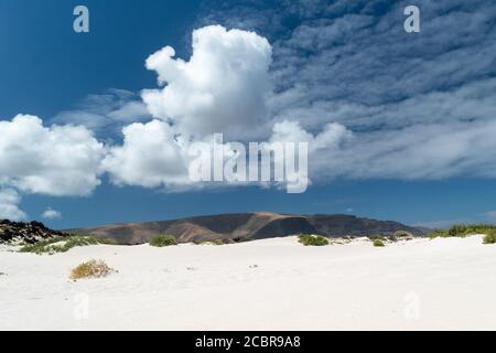Landscape with white sand, volcano and blue sky in Caleton Blanco, Lanzarote, Spain Stock Photo