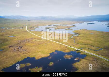 Rannoch Moor aerial view of A82 road and West Highland Way walk path Scotland Stock Photo