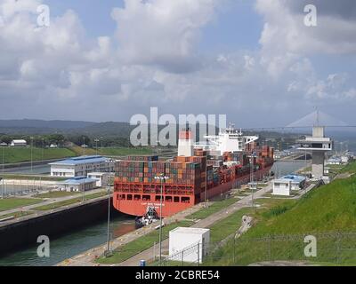 Cargo ship crossing Panama canal. Panama canal / Panama. Stock Photo