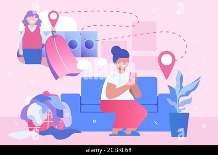 Lady calls dry cleaning clothing service by smartphone. Online laundry with pick up and bring option by courier Stock Vector