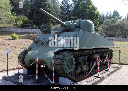 Mignano MonteLungo, Italy - August 14, 2020: The M4 Sherman medium tank exhibited in the museum area of the Montelungo shrine Stock Photo