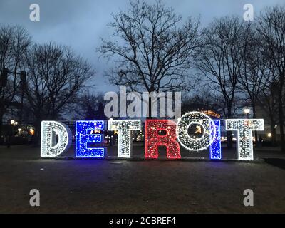 Detroit sign at Grand Circus Park. Detroit, Michigan / USA Stock Photo