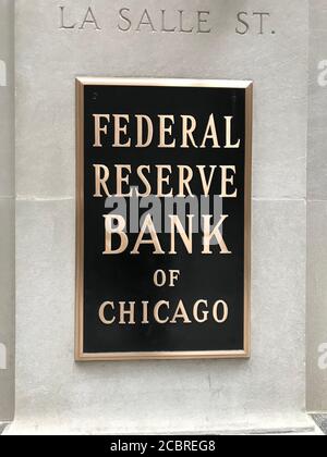 Federal Reserve Bank of Chicago sign on building. Chicago, Illinois / United States. Stock Photo