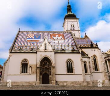 St. Mark's Church in Zagreb, Croatia. City of Zagreb emblem on the roof Stock Photo
